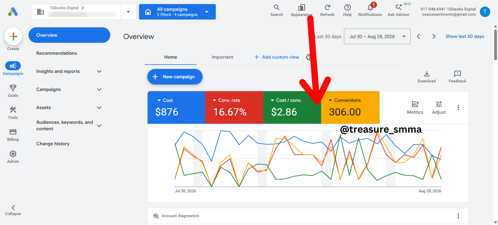 Campaign dashboard showing leads and conversions