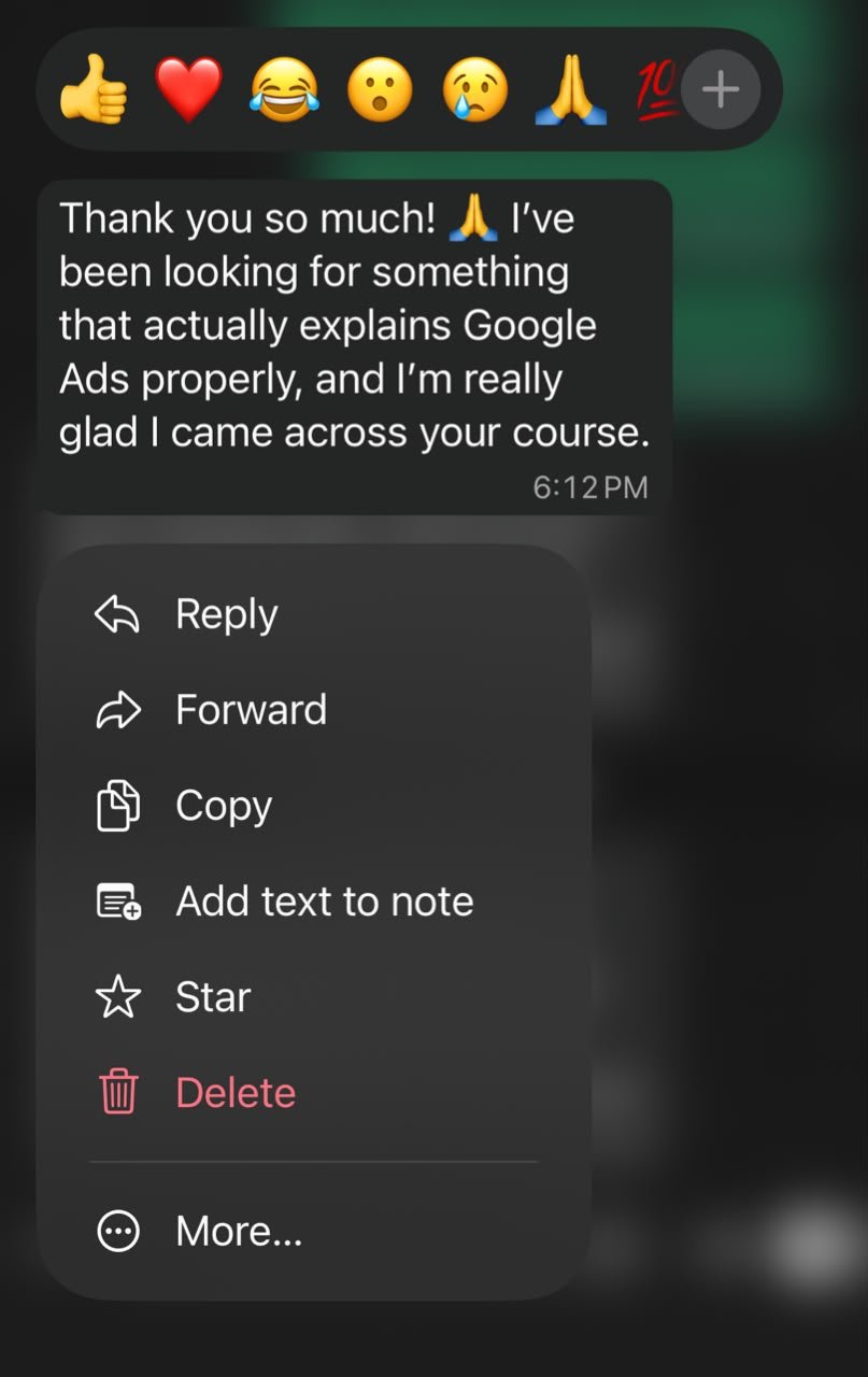 Student testimonial screenshot